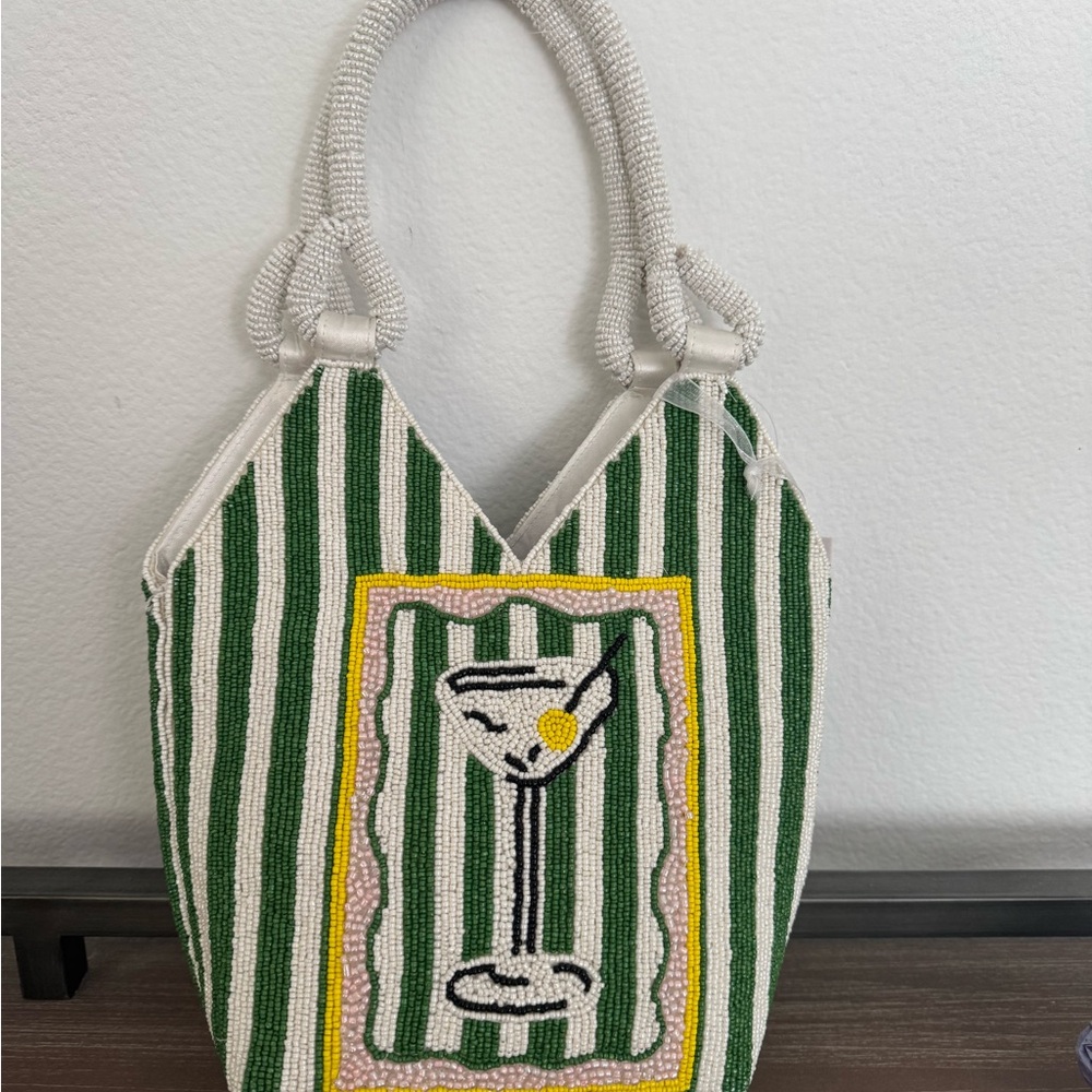 Green Striped Beaded Tote Bag